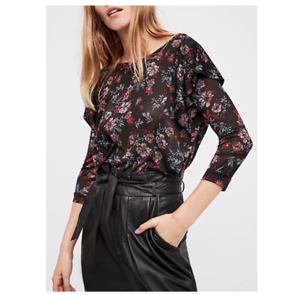 Free People Floral Ruffle Shoulder Keyhole Blouse - Picture 2 of 7